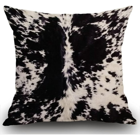 Cowhide Print Throw Pillow Cover Black & White Cow Spots Pattern Printed Farmhouse Cushion Case for Sofa Couch 18x18 Inches Cotton Linen