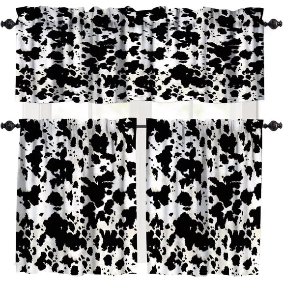 Cowhide Print Window Valance,Retro Black and White Spot Pattern Farmhouse Home Animal Pattern Curtain Valance for Bedroom Kitchen Living Room Cafe 54x18 Inch + 27x36 Inch X 2