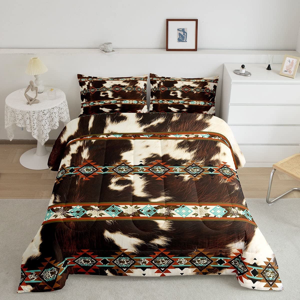 Cowhide Quilt Brown Highland Cow Print Queen Comforter Set,Western