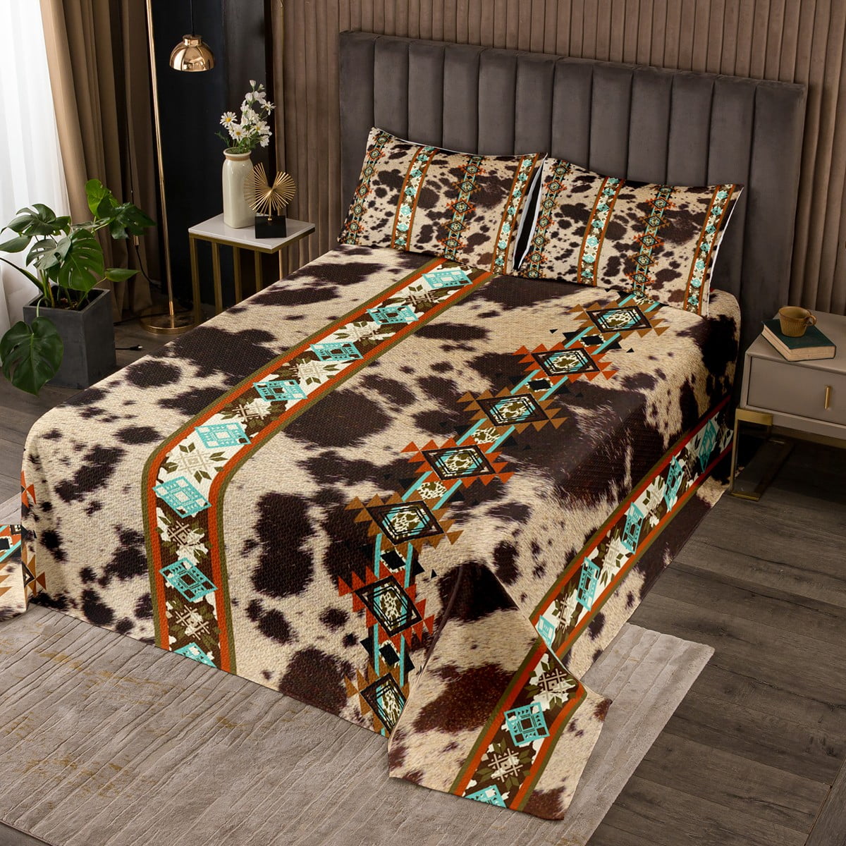 Cowhide Quilt Set Brown Highland Cow Print Coverlet Set Western