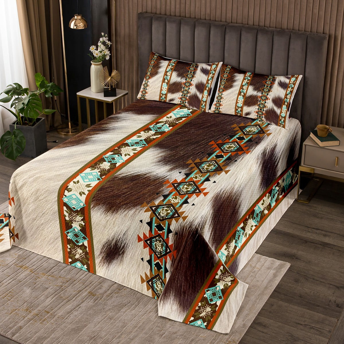 Cowhide Quilt Set Brown Highland Cow Print Coverlet Set,Western