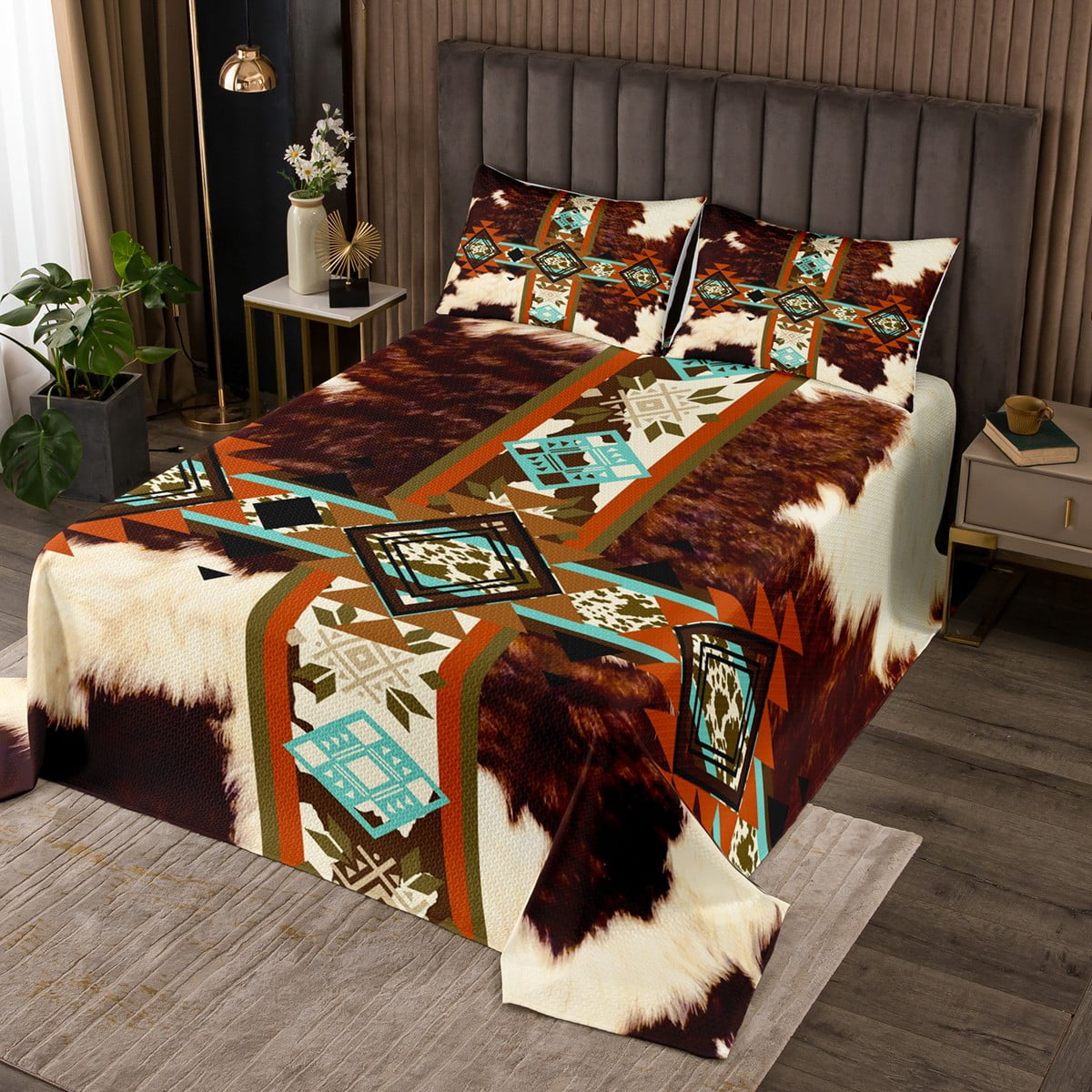 Cowhide Quilt Set Western Bedspread Set Queen,Brown Highland Cow Print