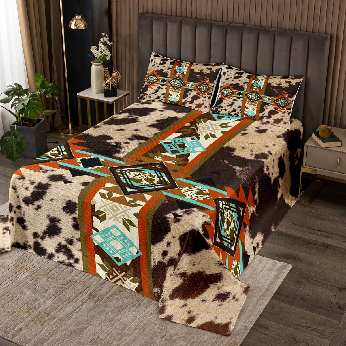 Cowhide Quilt Set Western Bedspread Set Queen,Brown Highland Cow Print