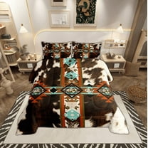 Cowhide Quilt Western Comforter Set King,Brown Highland Cow Print Bedding Set Exotic Aztec Farmhouse Wild Animals Duvet Insert,Longhorn Skin Room Decor Cowboys Gifts for Men