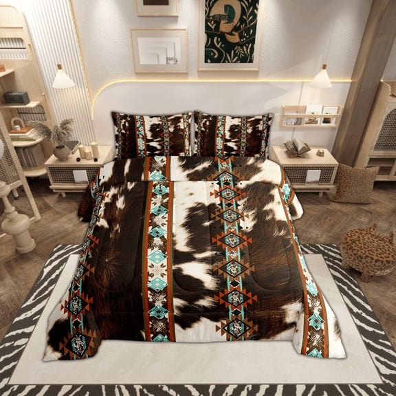 Cowhide Quilt Western Comforter Set Twin,Brown Cow Print Bedding Set Exotic Diamond Aztec Tribe Duvet Insert,Farm Animals Bull Cattle Skin Room Decor Cowboys Gifts for Women