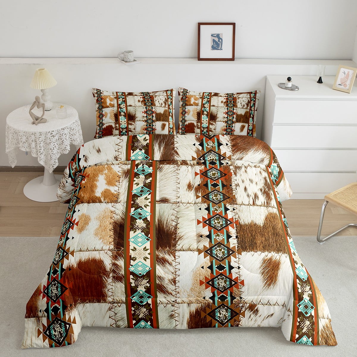 Cowhide Quilt geometry Diamond Aztec Decor Western Comforter Set Queen