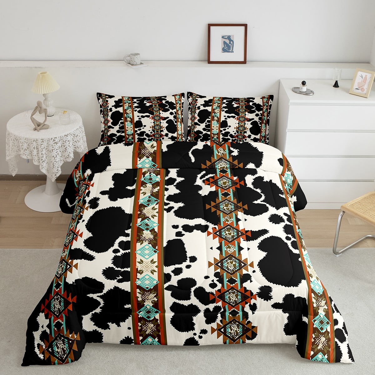 Cowhide Quilt western Comforter Set Full,Black and White Highland Cow