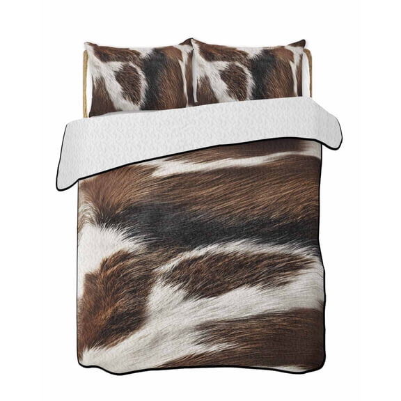 Cowhide Quilts Bedding Set Queen Size Brown Black White Animal Cow Print Lightweight Quilted Bedspread 3 Piece Bed Quilt with 2 Pillow Shams All Season for Bedroom 78" x 90"