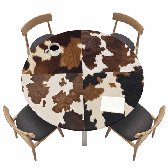 Cowhide Round Fitted Tablecloth Cow Skin Texture Abstract Countryside Western Elastic Table Cloth Waterproof Oil Proof Table Cover Fits 36"-44" Round Tables for Party Picnic Dinner Decor