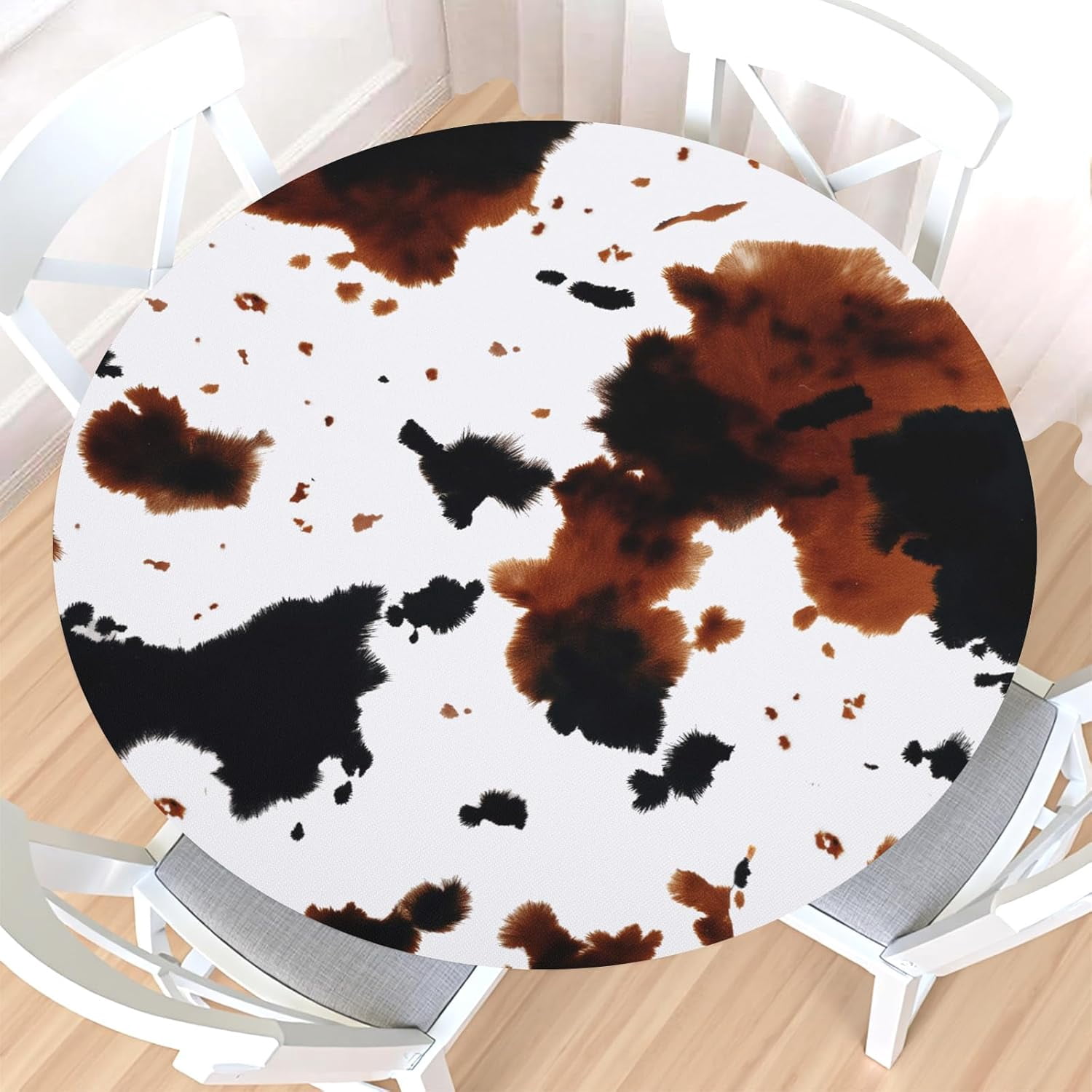 Cowhide Round Fitted Tablecloth with Elastic Edge,Water-Resistant Brown ...
