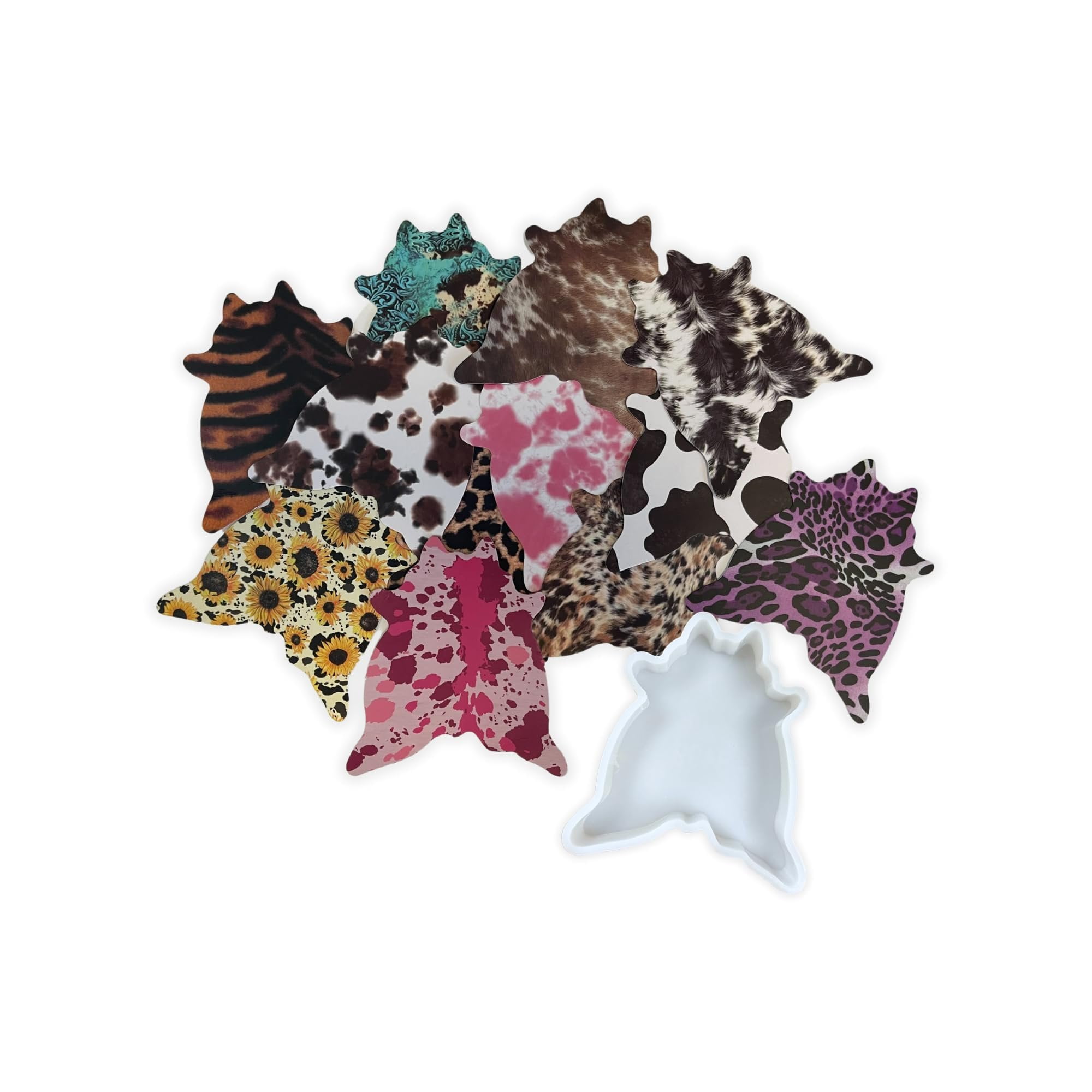 Cowhide Rug Car Freshie Cardstock Cutouts 3.3 x 3.6 inch  12 pk MIXED Designs for Leather Scented Aroma Bead Bake Oven Safe Fits Country Cow Highland Tag Silicone Mold Cardstock + Silicone Mold