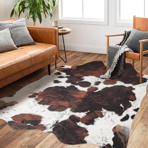 Cowhide Rug Faux Cowhide Rugs Cow Print Rug Brown Non-Slip Area Rug Western Decor for Living Room, Bedroom, Office(4.6x5.2ft)