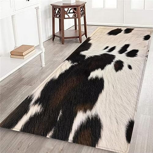 Cowhide Rug for Living Room,Cow Print Long Runner Rug for Hallway,Black and Brown Cow Fur Print,Washable Kitchen Rugs Farmhouse Western Area Rug Entrance Door Mat Non-Slip Floor Carpet for Bedroom