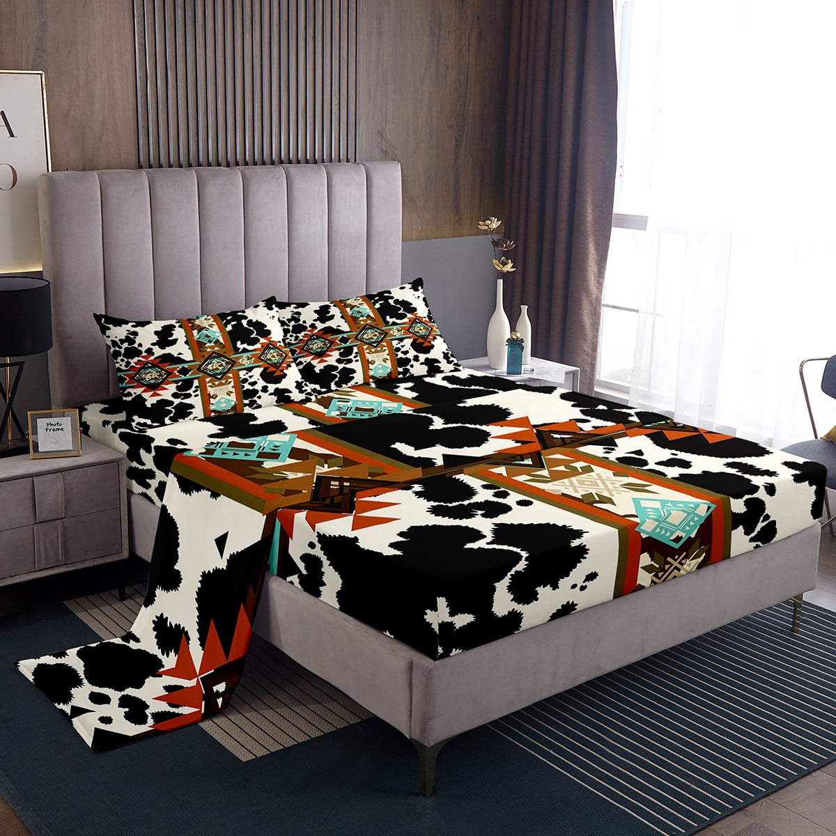 Cowhide Sheets Black and White Highland Cow Print Bed Sheets Set
