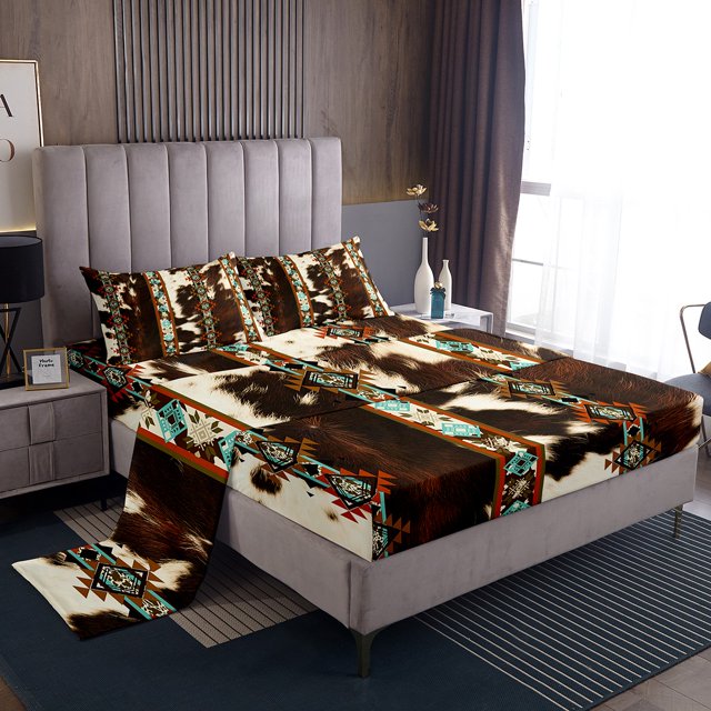 Cowhide Sheets Western Sheet Set Twin,Brown Cow Print Bed Sheets Set