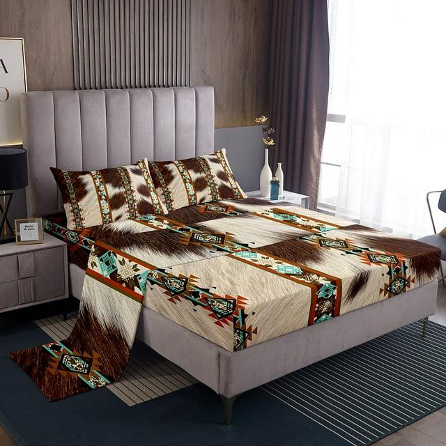 Cowhide Sheets western Sheet Set Queen,Brown Highland Cow Print Bed Sheets Set Exotic Geometry Aztec Bed Set,Farm Animals Bull Cattle Skin Room Decor Cowboys Gifts
