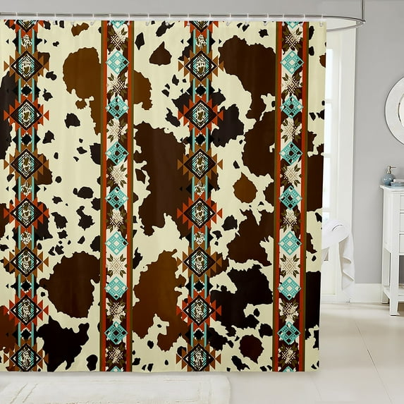 Cowhide Shower Curtain Brown Highland Cow Print Bathroom Accessories,Western Bath Curtain Exotic Aztec Farmhouse Wild Animals Longhorn Skin Room Decor Cowboys Gifts for Men