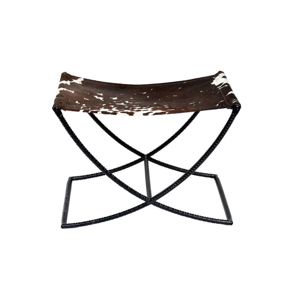 Cresta Modern Cowhide Accent Stool | Genuine Leather Sling Seat Stool with Iron | X-Base, Rustic Farmhouse Indoor Accent Furniture Black & White