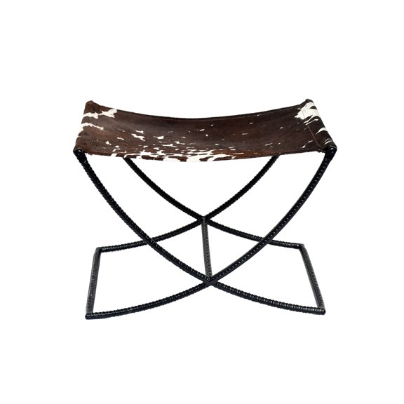 Cresta Modern Cowhide Accent Stool | Genuine Leather Sling Seat Stool with Iron | X-Base, Rustic Farmhouse Indoor Accent Furniture Black & White