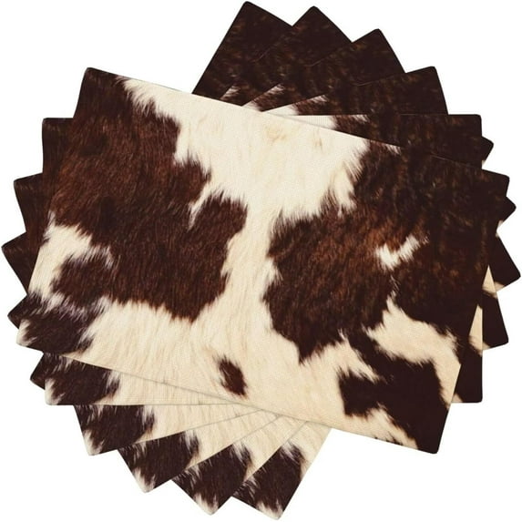 Cowhide Table Placemats Set of 6 Western Farm 3D Animal Fur Skin Brown Cow Prin Indoor Outdoor Table Placemat for Holiday Banquet Kitchen Table Decor