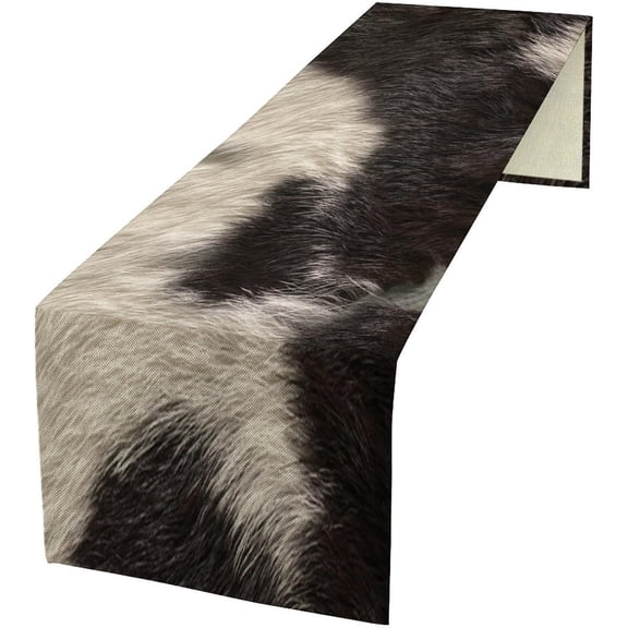 Cowhide Table Runner Black and White Milk Cow Western Style 3D Cow Fur Skin Texture Table Runner for Living Room Kitchen Dining Table Decoration 13x70in