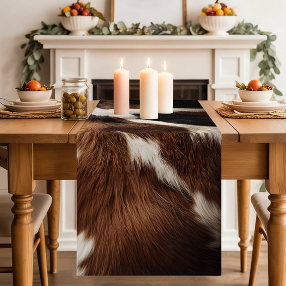 Cowhide Table Runner, Brown Black White Animal Cow Fur Texture Washable Cotton-linen Table Runners Dining Kitchen Decoration for Everyday Home Wedding Party Decor, 18 x72 Inch