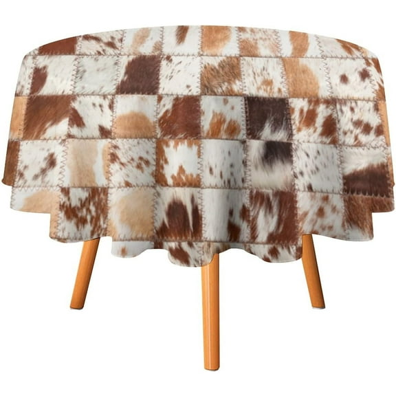 Cowhide Tablecloth,Farmhouse Animal Cattle Leather Splicing Fur Western Wildlife Patchwork Cow Skin Round Tablecloth for Home Kitchen Dining Table Outdoor Picnic Party,Brown 60x60in