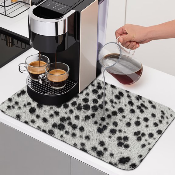 Cowhide Texture Dish Drying Mats for Kitchen Counter, Country Farm Animal Classic Black White Spots Absorbent Coffee Bar Mat with Non-slip Rubber Backed Quick Drying Dish Rack Pad 16"x18"