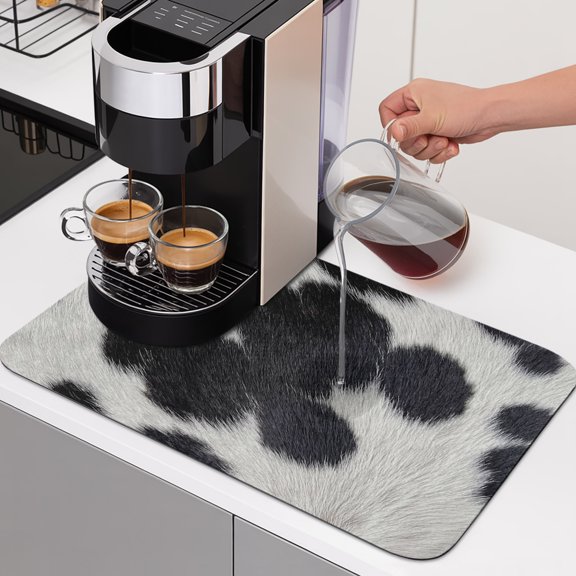 Cowhide Texture Dish Drying Mats for Kitchen Counter, Country Farm Cow Animal Classic Black White Spots Absorbent Coffee Bar Mat with Non-slip Rubber Backed Quick Drying Dish Rack Pad 16"x18"