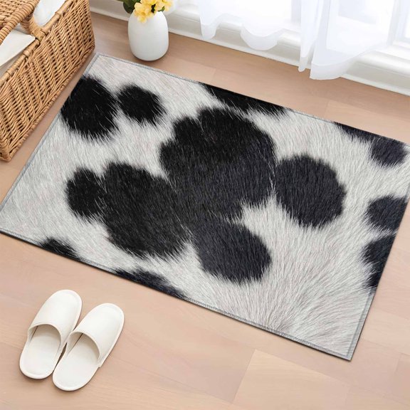 Cowhide Texture Entryway Rug 2'x3' Country Farm Cow Animal Classic Black White Spots Small Area Rug Non-Slip Front Door Mat Washable Floor Carpet for Indoor Entrance Kitchen Bathroom