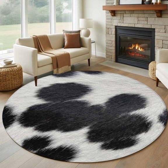 Cowhide Texture Large Round Rug 7Ft Country Farm Cow Animal Classic Black White Spots Circle Area Rugs Washable Non Slip Indoor Floor Mats Carpet for Living Room Bedroom Dining Room Home Decor