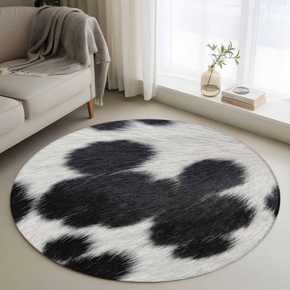 Cowhide Texture Round Rug 4Ft Country Farm Cow Animal Classic Black White Spots Circle Area Rugs Washable Non Slip Indoor Floor Mats Carpet for Living Room Bedroom Dining Room Home Decor
