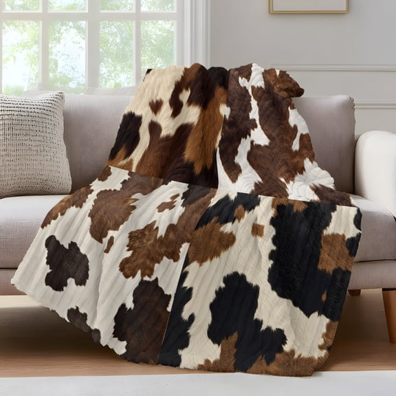 Cowhide Throw Blanket for Couch Cow Skin Texture Abstract Countryside Western Soft and Warm Flannel 3D Striped Fluffy Fuzzy Fleece Blanket Lightweight Throw for Bed, Sofa 30 x 40 Inches