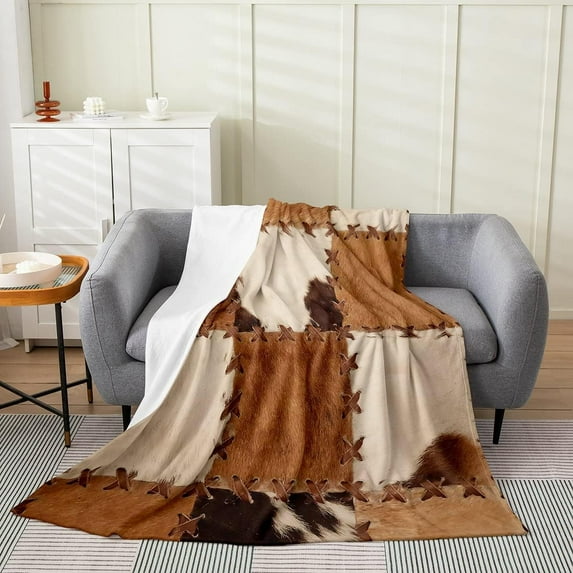 Cowhide Throw Blanket Patchwork Cow Fur Print Blanket Farm Animal Fleece Blanket for Kids Boys Girls Western Cowboy Farmhouse Bed Blanket Living Room Decor Throw 50x60