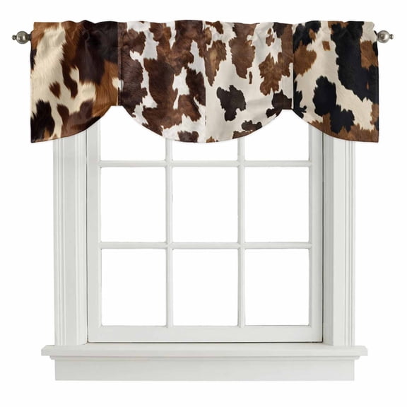 Cowhide Tie Up Valance for Windows Cow Skin Texture Abstract Countryside Western Adjustable Curtain Valance Rod Pocket Balloon Shade Window Treatment for Kitchen Living Room Bedroom 60x18inch