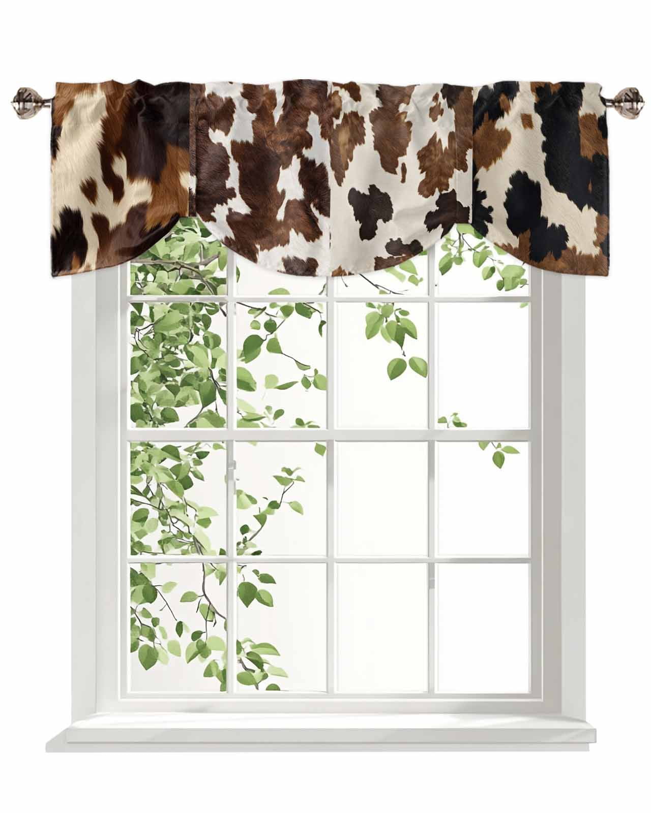 Cowhide Tie Up Valances Curtain, Adjustable Kitchen Cow Skin Texture Valances for Windows Decor, Rod Pocket Short Curtains Set for Bedroom/Bathroom, 60"x18"