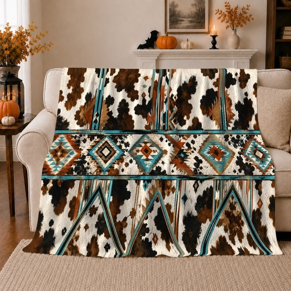 Cowhide Turquoise Aztec Band Sofa Rustic Bold, Cozy Friendship Quote Scene, Warm Flannel Blanket for Living Room and Reading Nook, Art Lovers Thanksgiving Gift, Artistic Home Decor