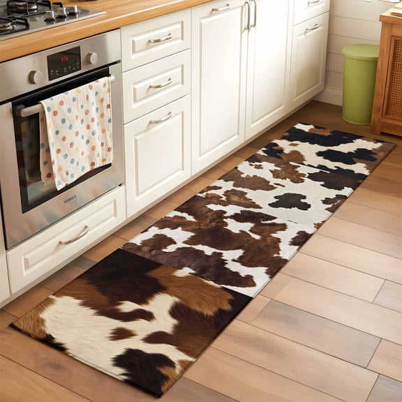 Cowhide Washable Area Rug 2x6 Cow Skin Texture Abstract Countryside Western Low-Profile Area Rugs with Non Slip Backing Indoor Floor Carpet for Entrance Living Room Bedroom Home Office