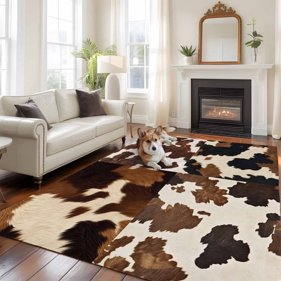 Cowhide Washable Area Rug 5x8 Cow Skin Texture Abstract Countryside Western Low-Profile Large Area Rugs with Non Slip Backing Indoor Floor Carpet for Entrance Living Room Bedroom Home Office