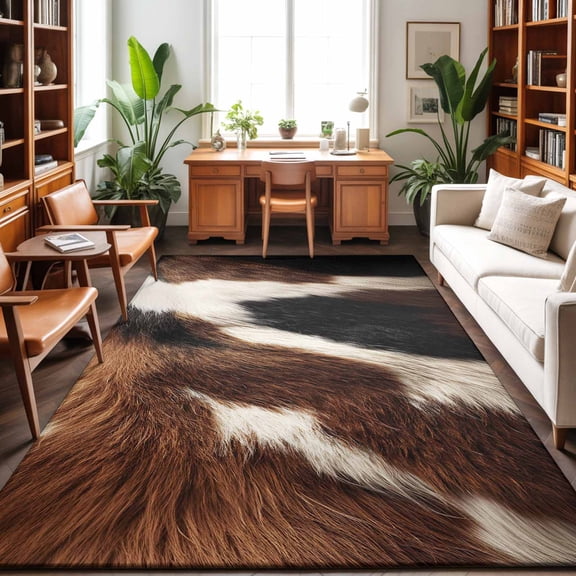 Cowhide Washable Area Rug 9 x 12 ft Brown Black White Animal Cow Fur Texture, Soft Non Slip Rugs Stain Repellent Indoor Felt Carpet for Living Dining Room Bedroom Home Office