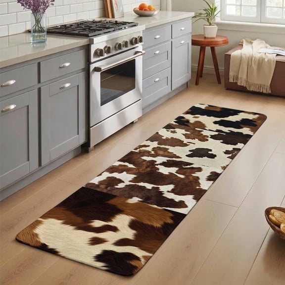Cowhide Washable Runner Rug 1.4x4 ft Cow Skin Texture Abstract Countryside Western Non-Slip Hallway Runner Rug, Linen Kitchen Runner Mats, Indoor Floor Carpet for Entryway Bathroom Bedroom