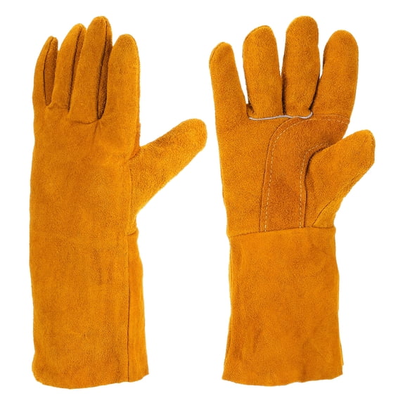 Cowhide Welding Gloves 14.2x6.3inch, Single Thickened Fireproof Stitching with Soft Lining, Yellow 1 Pack