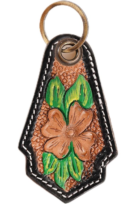 Cowhide hand tooled leather key chain keyring
