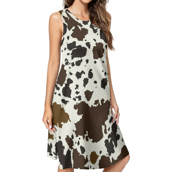 Cowhide pattern Spring Summer Dresses for Women Fashion T-shirt Dress Casual Sleeveless Loose Sundress with Pockets