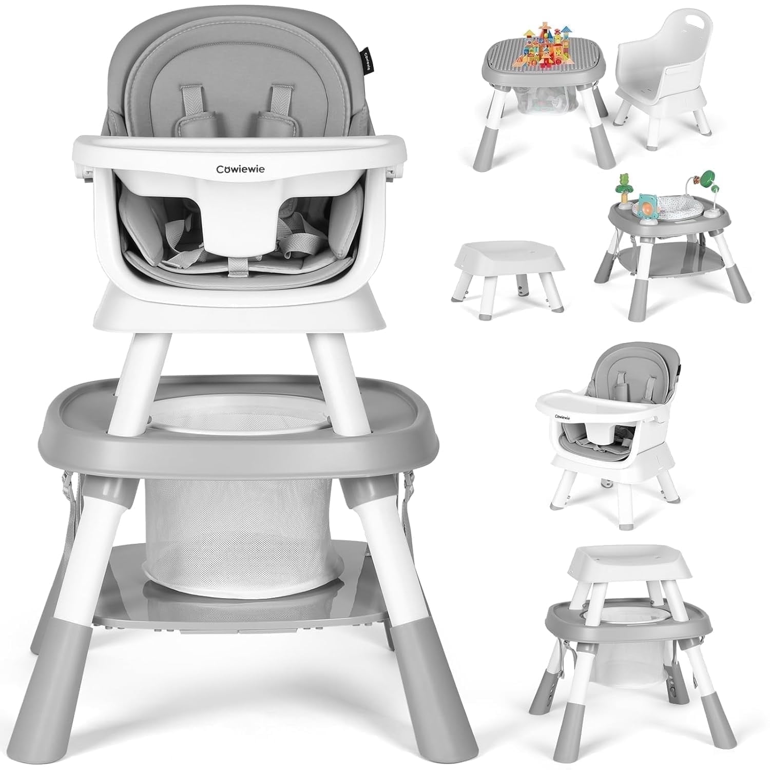 Cowiewie 16-in-1 Convertible High Chairs for Babies and Toddlers, Toddler Dining Booster Seat, Gray