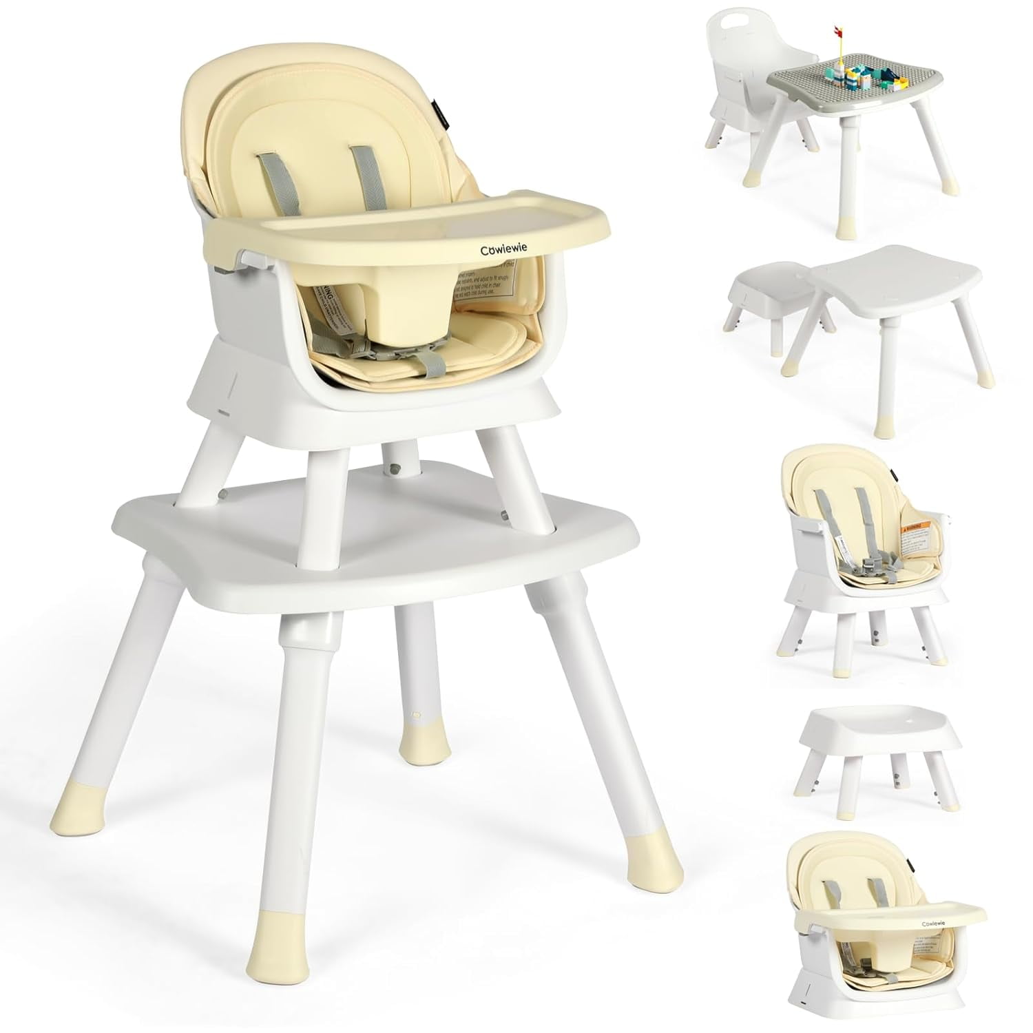 Cowiewie 8 in 1 Baby High Chair for Babies & Toddlers Table and Chair Set Building Block Table Highchair with Safety Harness, Removable Tray(Beige)