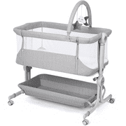 Cowiewie Baby Bassinet Bedside Crib with Storage Basket, Wheels and Toys, Portable Bassinets 0-6 Months Gray