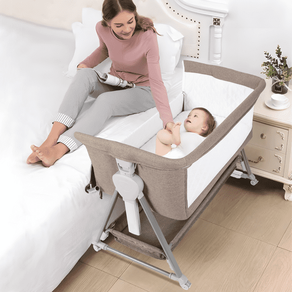 Cowiewie Baby Bassinet, Beside Sleeper for Baby, Bedside Bassinet with Storage Basket and Wheels to Reduce Mom's Fatigue, Light Brown