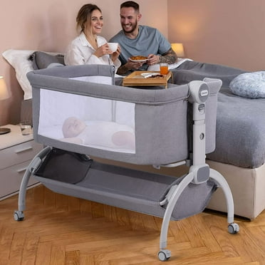 Cowiewie Baby Bassinet Co Sleeper Bassinet with Wheels Bedside Sleeper with Storage Basket for 0-6 Months, Light Gray