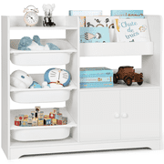 Cowiewie Kid's Bookshelf with 3-Removable Toy Bins, 4-Tier Display Stand, 1 Storage Cabinets with Door, Toy Storage Organizer for Playroom, Kids Room, Bedroom,White